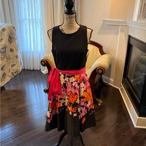 Eliza J Black A-Line Skirt with Pink and Orange Floral Design